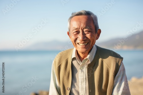 Lifestyle portrait of a Indonesian man in his 80s in a beach background wearing a chic cardigan