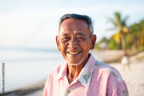 Medium shot portrait of a Indonesian man in his 90s in a beach background wearing a chic cardigan