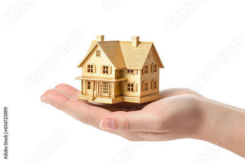 Hand holding a simple house made of gold isolated on white background PNG