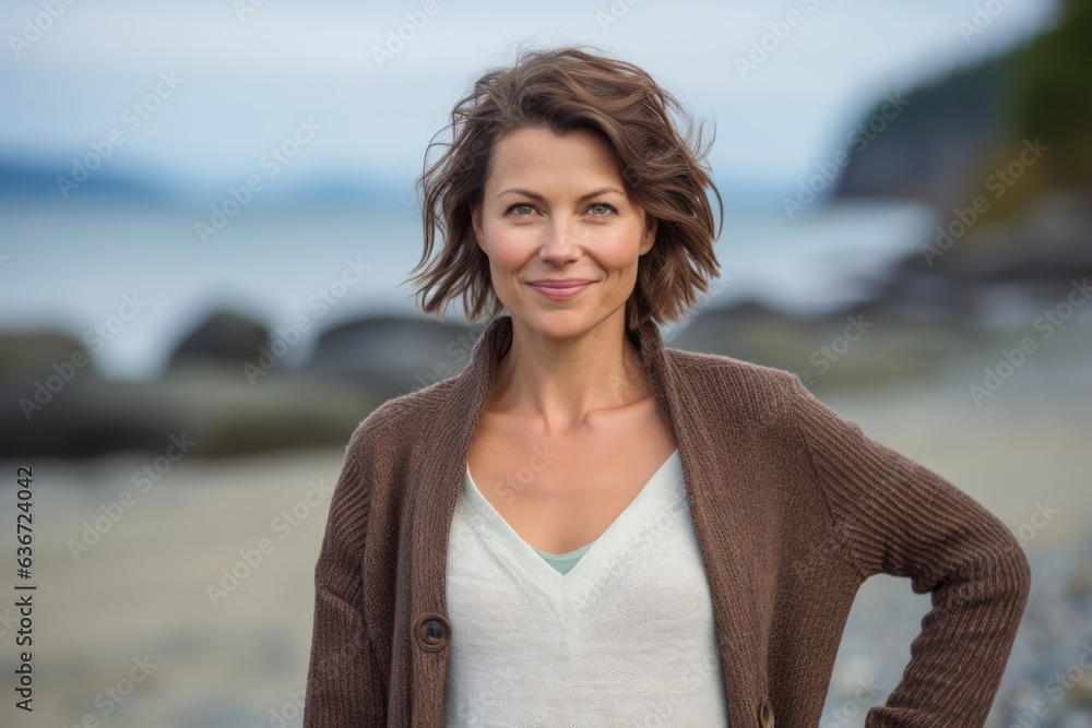 Group portrait of a Russian woman in her 40s in a beach background wearing a chic cardigan Group portrait of a Russian woman in her 40s in a beach background wearing a chic cardigan
