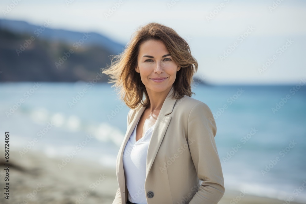 Lifestyle portrait of a Russian woman in her 40s in a beach background wearing a classic blazer