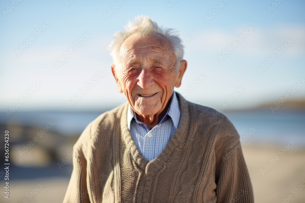Medium shot portrait of a 100-year-old elderly Russian man in a beach background wearing a chic cardigan Medium shot portrait of a 100-year-old elderly Russian man in a beach background wearing a chic cardigan