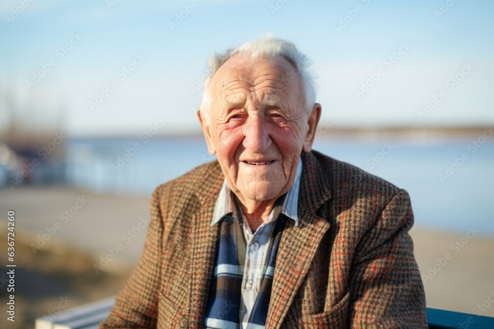 Medium shot portrait of a 100-year-old elderly Russian man in a beach background wearing a chic cardigan Medium shot portrait of a 100-year-old elderly Russian man in a beach background wearing a chic cardigan