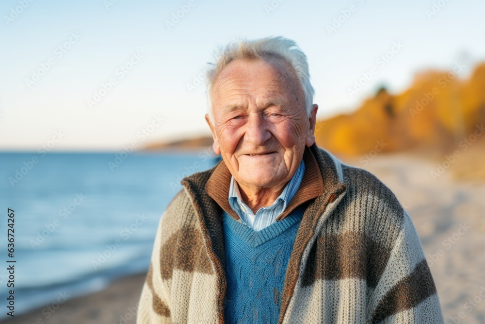 Medium shot portrait of a 100-year-old elderly Russian man in a beach background wearing a chic cardigan Medium shot portrait of a 100-year-old elderly Russian man in a beach background wearing a chic cardigan