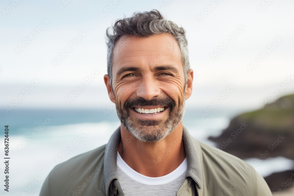 Close-up portrait of a Brazilian man in his 40s in a beach background wearing a chic cardigan Close-up portrait of a Brazilian man in his 40s in a beach background wearing a chic cardigan