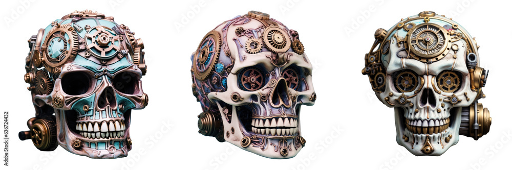 Steampunk themed transparent background with a mechanical gypsum skull money box