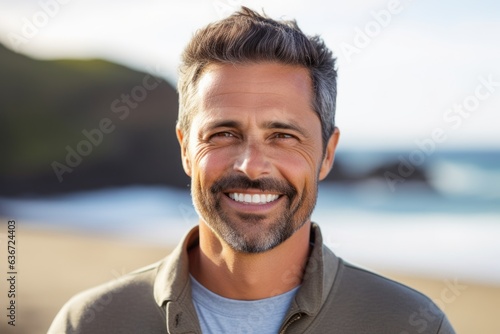 Close-up portrait of a Brazilian man in his 40s in a beach background wearing a chic cardigan