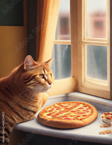 photo of a cute white fluffy cat baking a pizza in a restaurant.