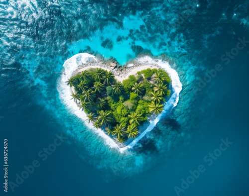 Heart shaped tropical island, a paradise with amazing palm trees on a white sand beach