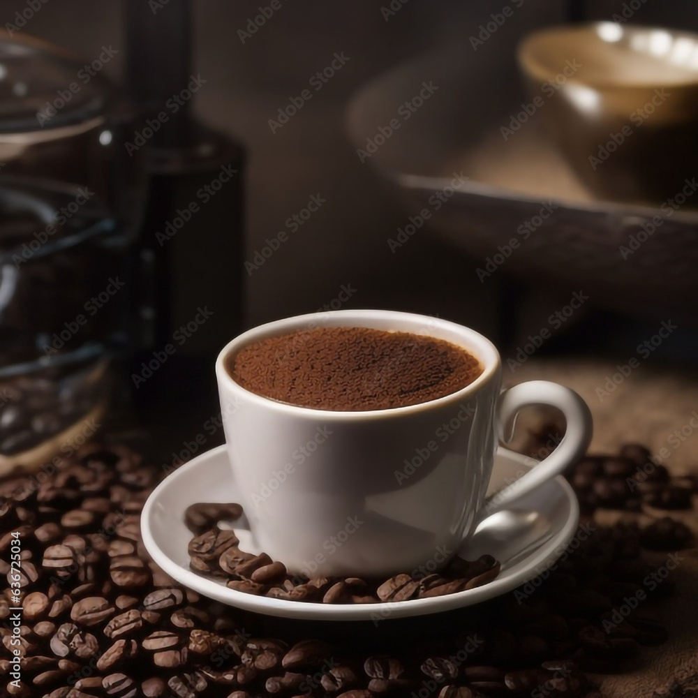Coffee cup on roasted coffee beans Coffee cup on roasted coffee beans