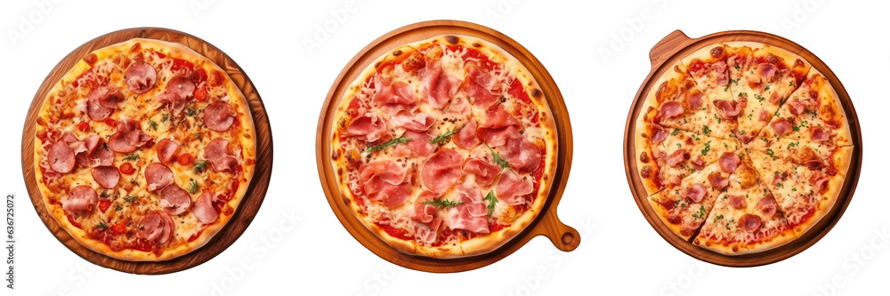 Isolated close up of hot ham pizza on a wooden board from a top view