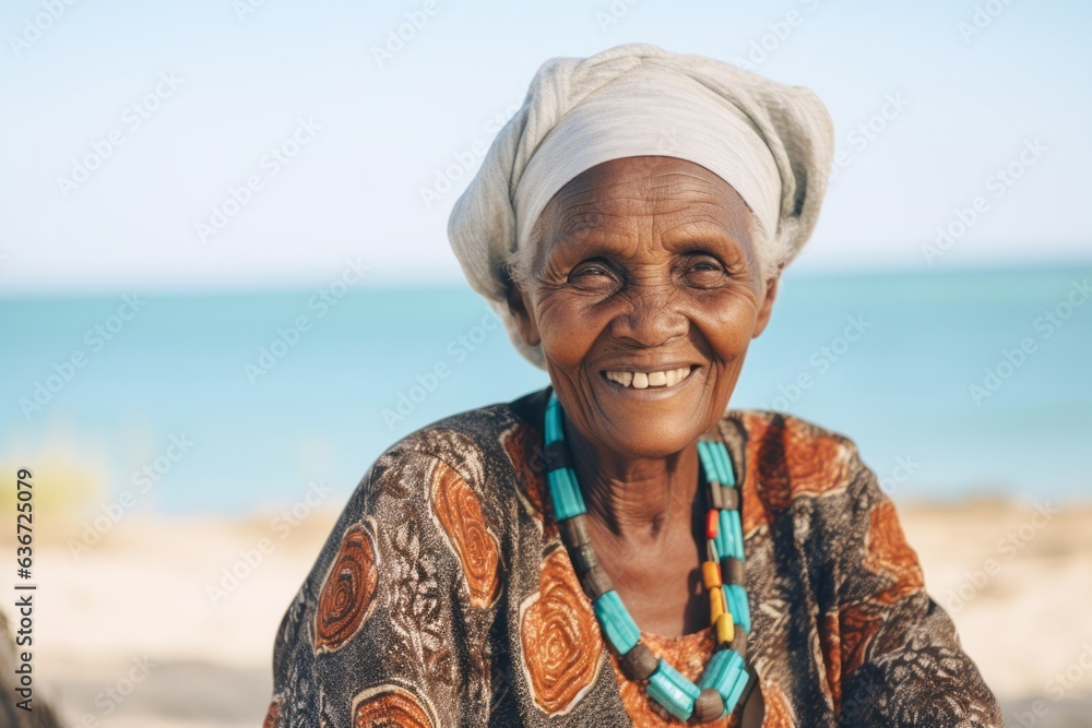 Medium shot portrait of a 100-year-old elderly Nigerian woman in a beach background wearing a chic cardigan Medium shot portrait of a 100-year-old elderly Nigerian woman in a beach background wearing a chic cardigan