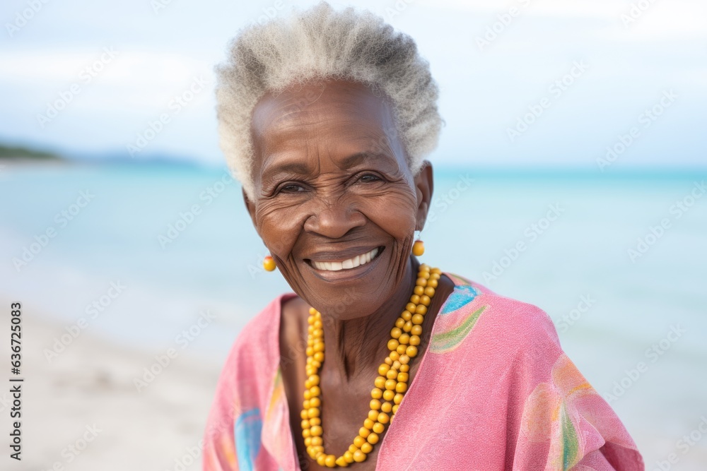 Medium shot portrait of a 100-year-old elderly Nigerian woman in a beach background wearing a chic cardigan Medium shot portrait of a 100-year-old elderly Nigerian woman in a beach background wearing a chic cardigan