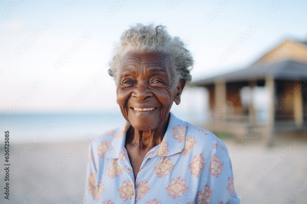 Medium shot portrait of a 100-year-old elderly Nigerian woman in a beach background wearing a sporty polo shirt Medium shot portrait of a 100-year-old elderly Nigerian woman in a beach background wearing a sporty polo shirt