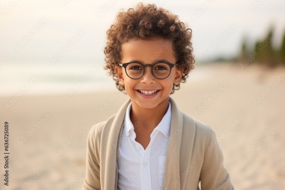 Medium shot portrait of a Saudi Arabian child male in a beach background wearing a chic cardigan Medium shot portrait of a Saudi Arabian child male in a beach background wearing a chic cardigan