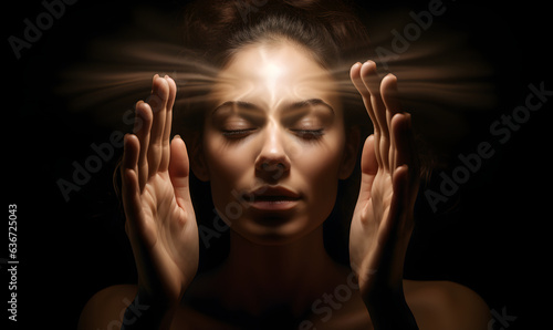 femme avec une aura qui se dégage de sa tête, elle a les mains de chaque côté photo