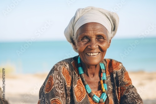 Medium shot portrait of a 100-year-old elderly Nigerian woman in a beach background wearing a chic cardigan
