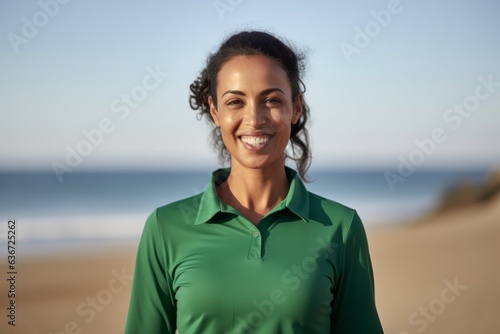 Portrait of happy young woman smiling at camera while standing on beach © Leon Waltz