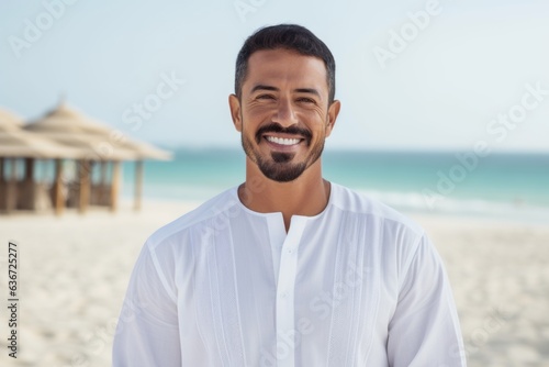 Portrait of handsome man smiling at camera on beach during summer vacation