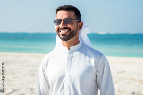 Portrait of a smiling arabian man wearing sunglasses on the beach