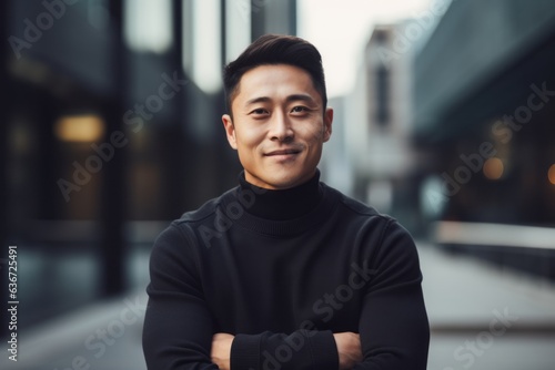 Portrait of handsome asian man in black turtleneck sweater standing with arms crossed in the city.
