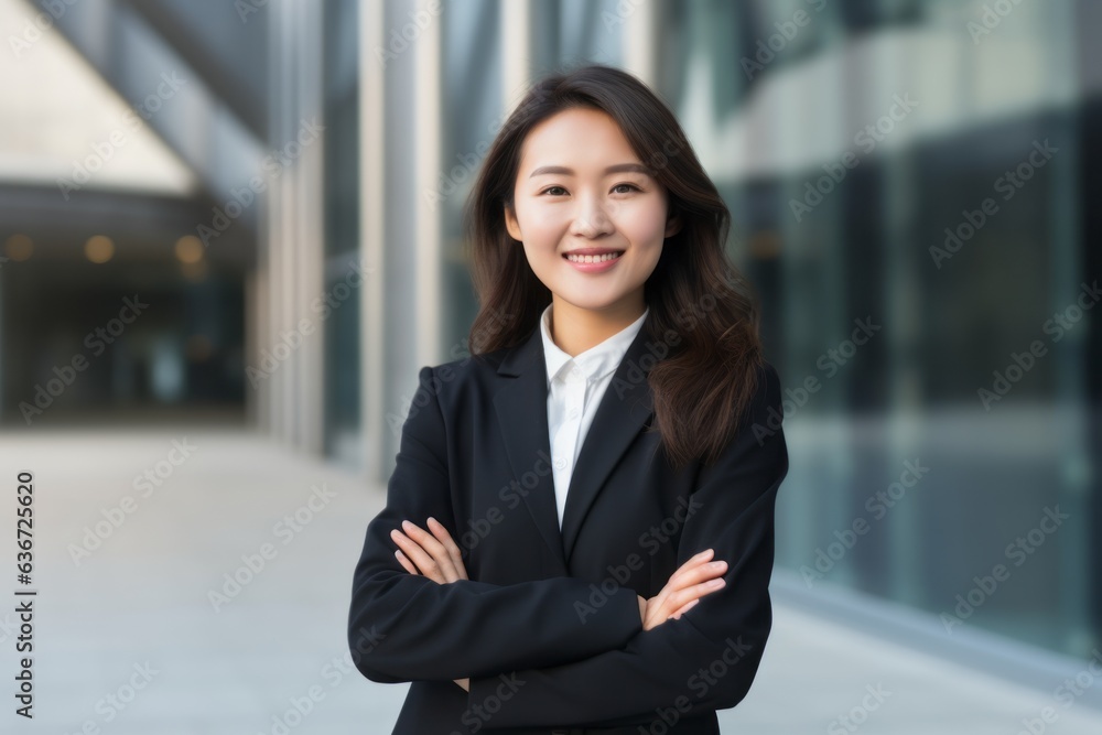 Portrait of asian businesswoman with arms crossed in modern office building Portrait of asian businesswoman with arms crossed in modern office building