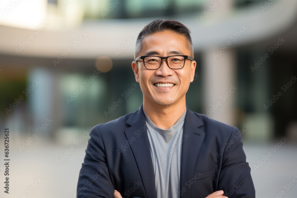 Fototapeta premium Portrait of happy asian businessman with arms crossed in office building
