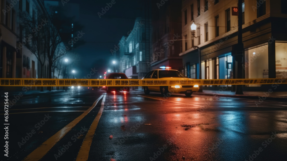 Yellow law enforcement tape isolating crime scene with blurred view of city street, toned in red and blue police car lights.