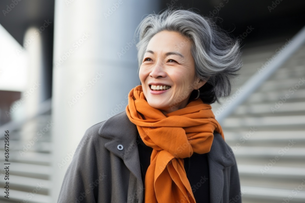 Portrait of a smiling senior asian woman wearing coat and scarf Portrait of a smiling senior asian woman wearing coat and scarf