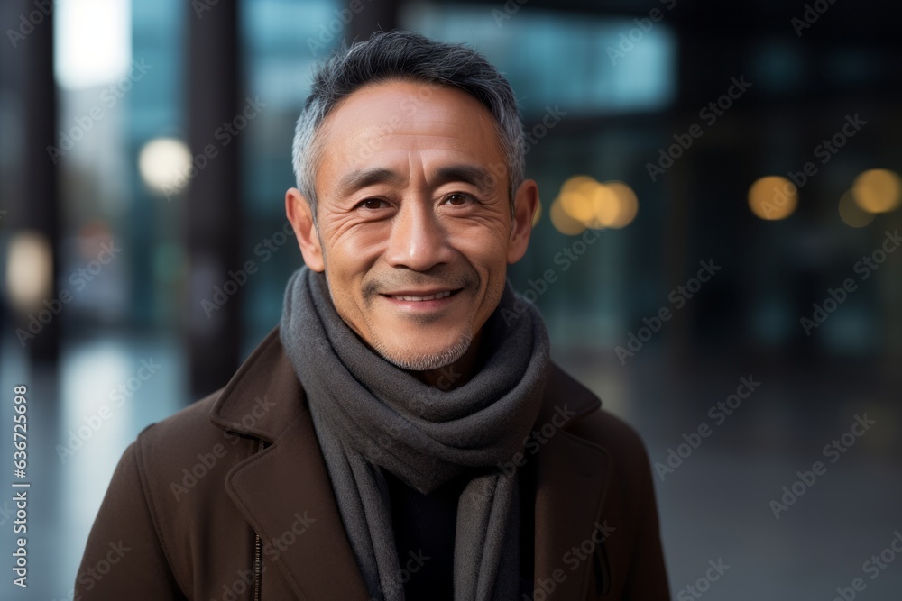 Portrait of smiling mature Asian man in coat and scarf at night