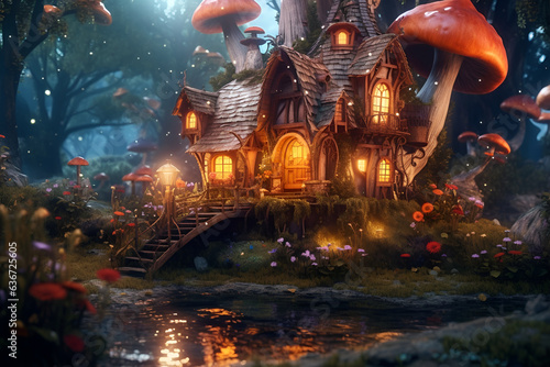 Fairy tale little house in magical forest with mushrooms. Cartoon illustration. Fairy elf gnome magic. Generative AI