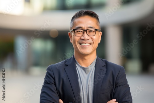 Portrait of happy asian businessman with arms crossed in office building
