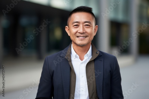 Portrait of a happy asian business man in front of office building