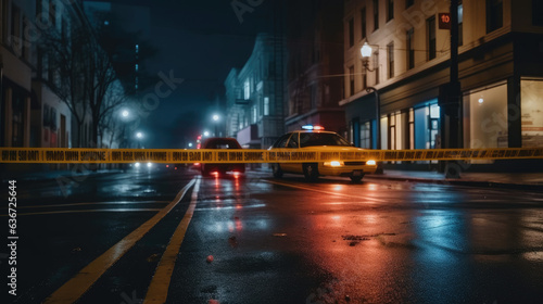 Yellow law enforcement tape isolating crime scene with blurred view of city street, toned in red and blue police car lights.