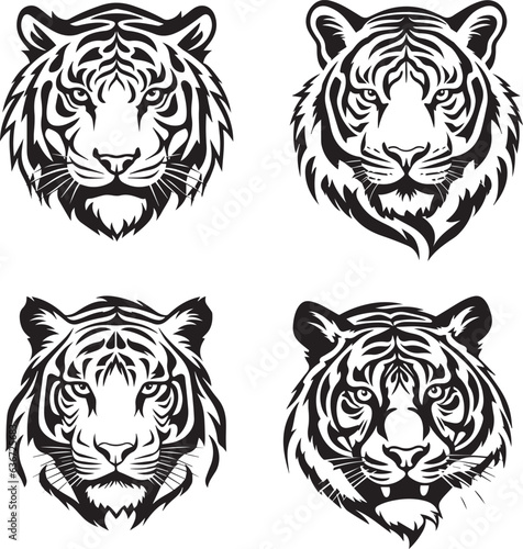 Tiger Leopard face logo style elements pack black outlined tattoo style
