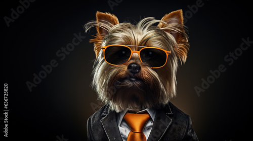 Cool looking yorkshire terrier dog wearing suit, tie and sunglasses isolated on dark background with copyspace for text. Digital illustration generative AI.