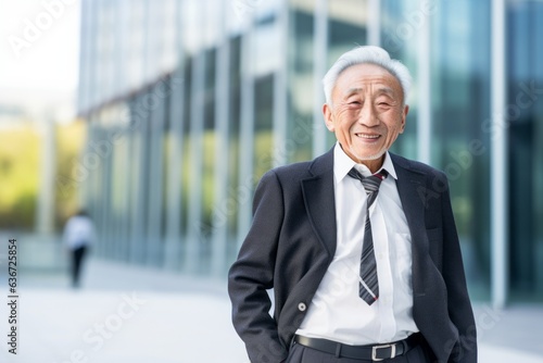 senior businessman standing in front of a modern office building and smiling