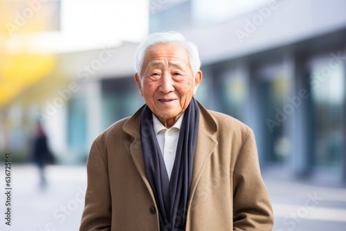 senior asian man with coat and scarf looking at the camera
