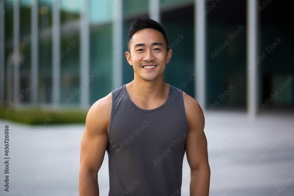 Portrait of a smiling asian man standing in front of office building