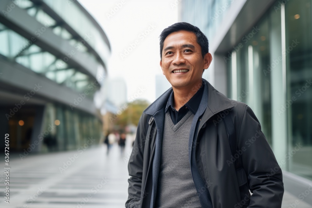 Portrait of a smiling asian man in front of modern building