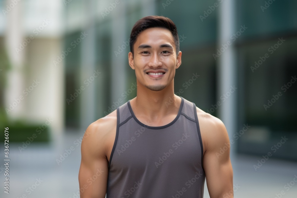Portrait of a smiling asian man in sportswear outdoors