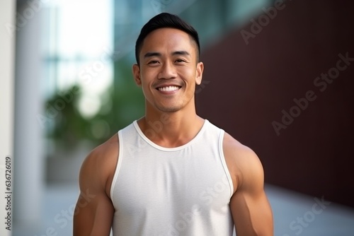 portrait of smiling young asian man in sportswear outdoors