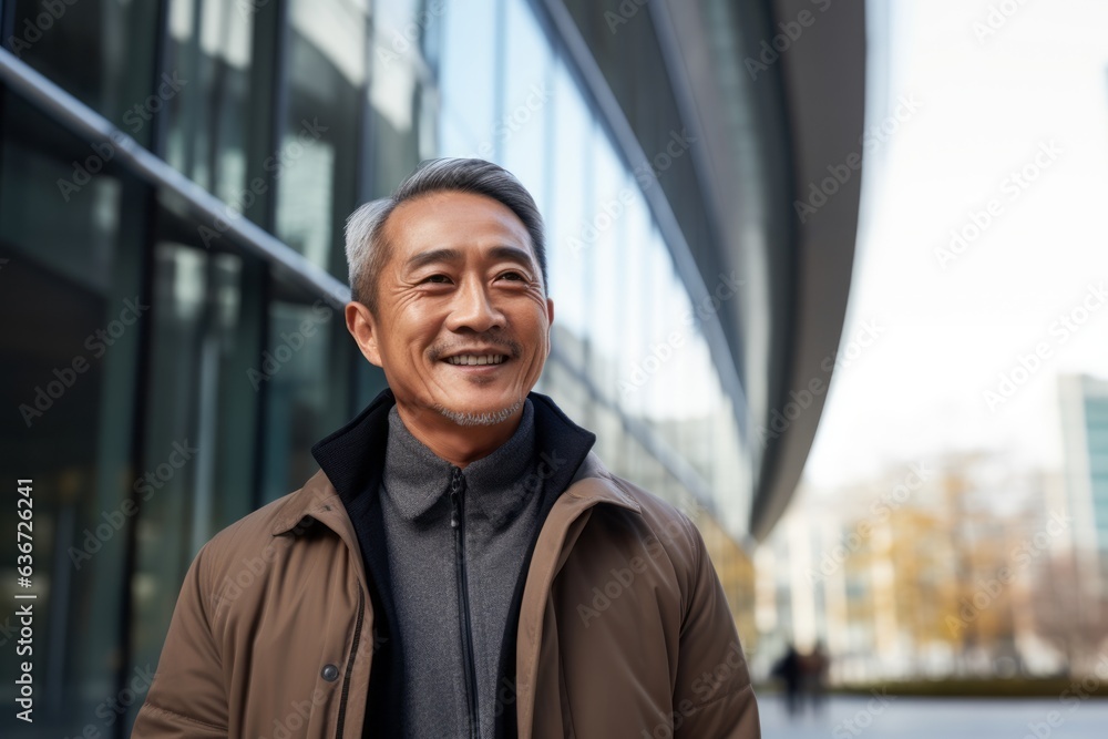 Portrait of happy mature Asian man in coat looking at camera outdoors