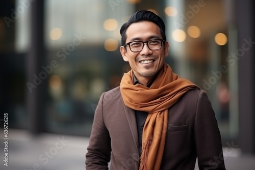 Portrait of a happy asian man wearing glasses and scarf in the city