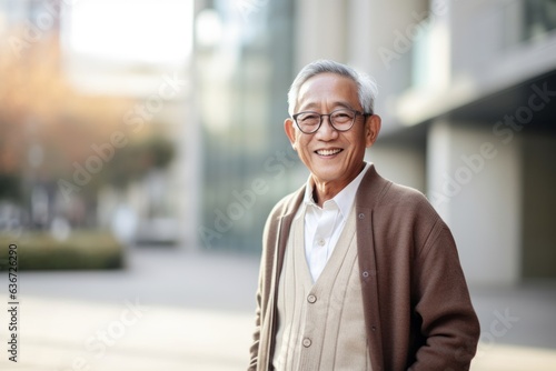 Portrait of an elderly asian man walking in the city.