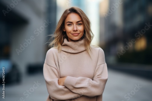 Portrait of a beautiful young blonde woman in a beige sweater. © Leon Waltz
