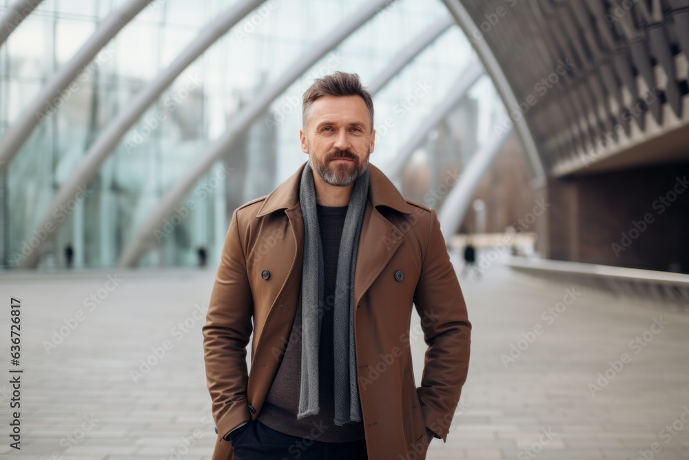 Handsome bearded man in beige coat and scarf posing in the city Handsome bearded man in beige coat and scarf posing in the city
