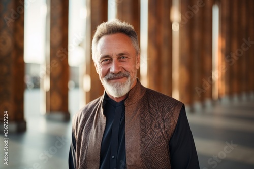Portrait of a handsome senior man with gray hair and beard standing outdoors