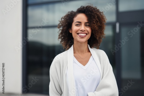 Portrait of a smiling young businesswoman standing outdoors with arms crossed
