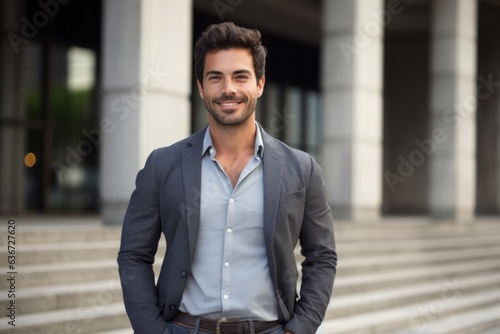 Portrait of handsome businessman standing with hands in pockets in front of office building
